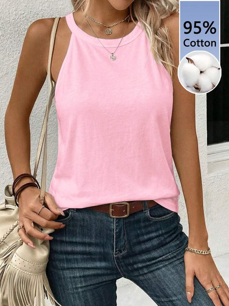 SHEIN LUNE 95%棉女款休閒修身掛脖背心，適合夏季 - 粉色 - 查看 7
