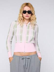 COUREZ Long Sleeve Fitted Hooded Check Zip Cardigan Knit / Y2K Summer Outfits For Women Casual Outfits Autumn Hoodie Going Out Outfits Rave Autumn Knit - Multicolor - View 5