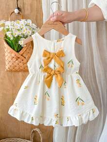 SHEIN Vintaside Kids 女嬰3個月-3歲洋裝，1件休閒可愛日常風格秋季女童套裝，棕色蝴蝶結裝飾無袖蓬蓬洋裝 - 黃色 - 查看 3