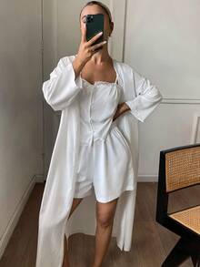 DAZY 3-Piece Vacation Style 3D Polka Dot Textured Fabric Summer Pajama Set For Women - White - View 6