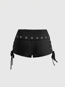 ROMWE Grunge Punk Summer Punk Metal Eyelet Slogan Print Fold-Over Waist Tie-Up Design Tight Super Low-Rise Mini Shorts - Black - View 2