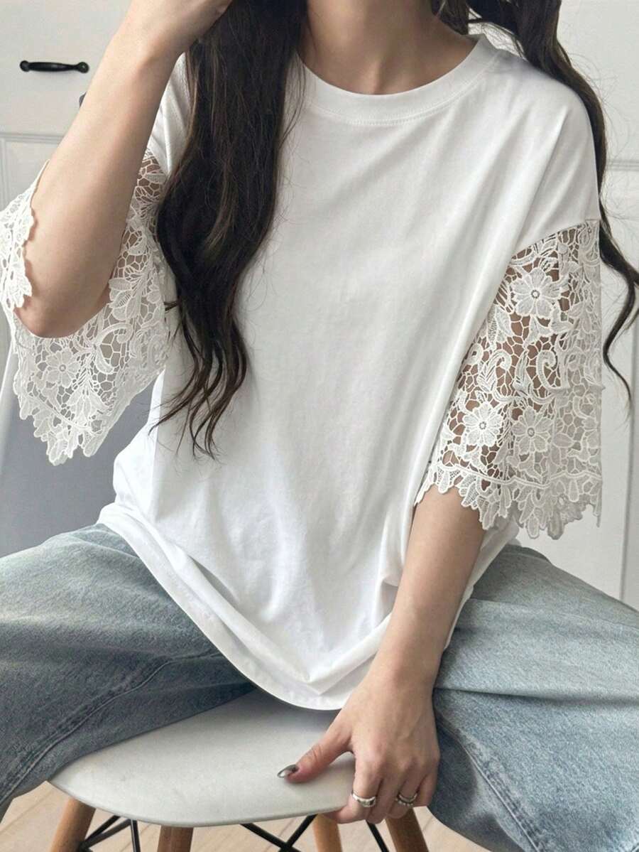 FRIFUL 女款水溶蕾絲休閒百搭日常旅行T恤 - 白色 - 查看 1