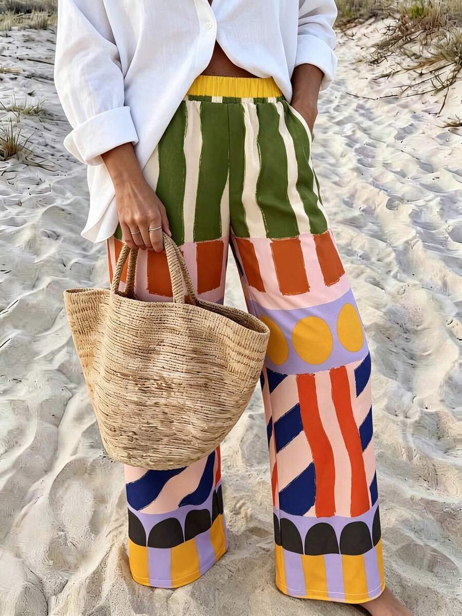 Vaclyn Women's Casual Boho Vacation Style Geometric Pattern Pocket Loose Long Pants Beach Olive Green Summer
