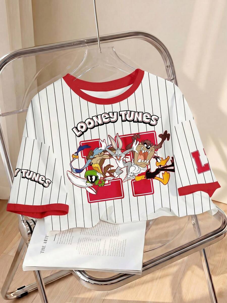 LOONEY TUNES X SHEIN 女士条纹短袖露脐T恤 - 白色 - 查看 1