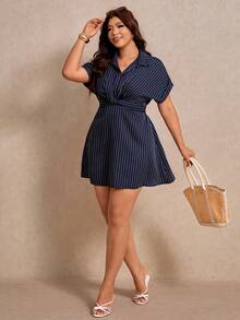 Elaquor Plus Size Summer Casual Tropical Elegant Flapper 1920s Navy Blue Twist Knot Dress Office Formal Brunch Evening Business Women Going Out - Multicolor - View 7