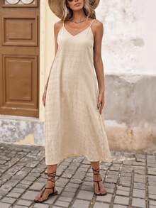 Brillora Vacation Solid Color Woven Textured Fabric Midi Strap Dress - Apricot - View 6