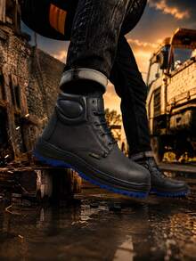 Genuine Leather Pleg Working Boot With Steel Helmet - Negro con azul - View 5