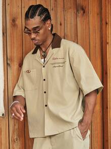 CalleClaro Men's Contrast Color Splice Collar Short Sleeve Shirt Set, Front Button, Summer - Khaki - View 3