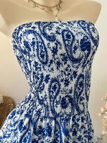 Noixe Women's Vacation Cashew Pattern Fashion Boho Tropical Strapless Short Dress Beach White And Blue Floral Summer - Blue - View 5