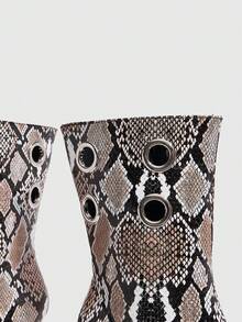 CUCCOO SZL Knee High Stiletto Boots With Side Zipper And Metal Grommet Detailing Open Toe Design For Christmas - Snakeskin - View 5