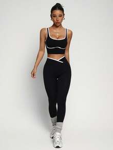 SHEIN Dewbera Women's Seamless Colorblock Yoga Sports Set - Black - View 4