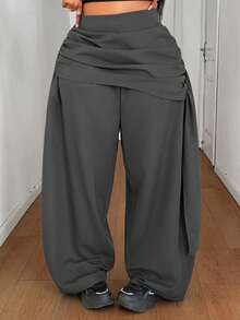 Maweii Plus Size Women's Solid Color Pleated Wide Leg Loose Casual Long Pants For Vacation Fall - Grey - View 1
