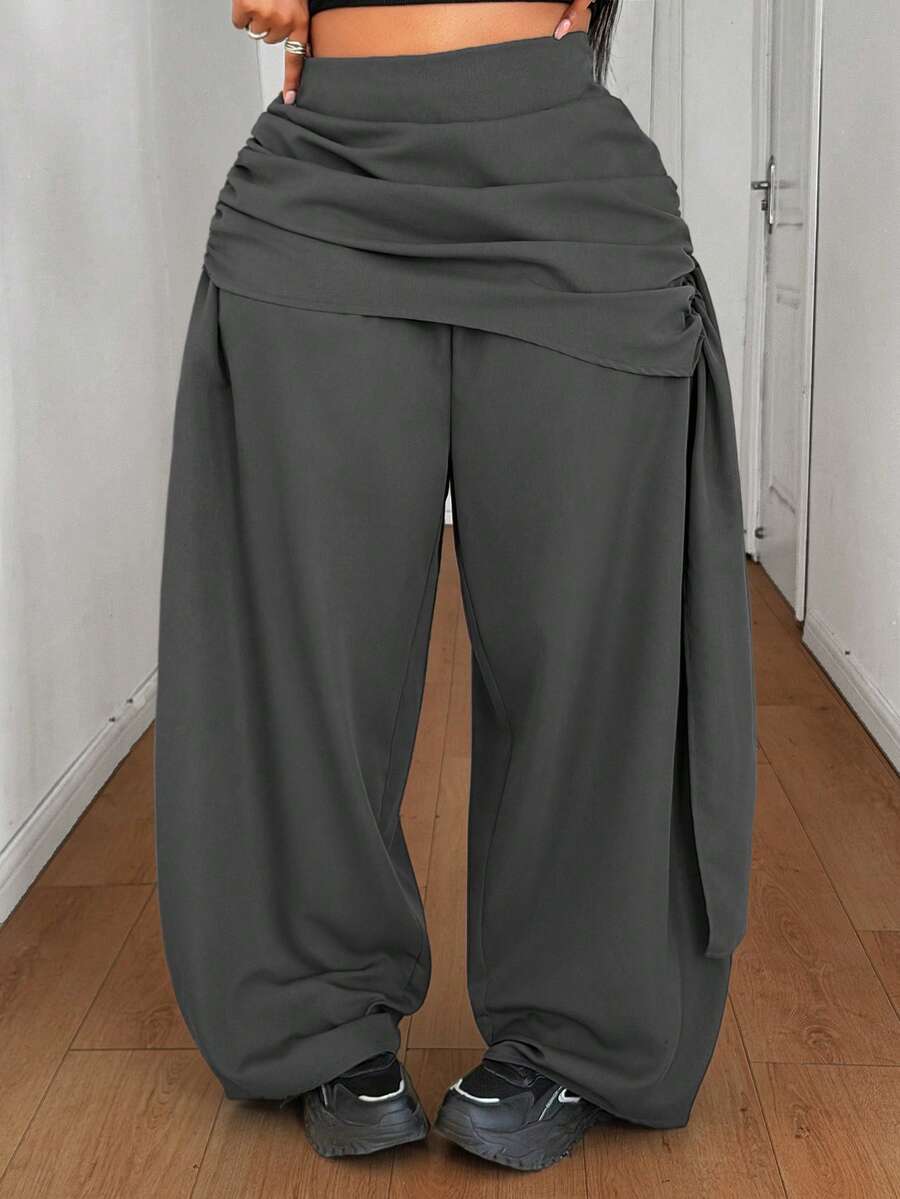 Maweii Plus Size Women's Solid Color Pleated Wide Leg Loose Casual Long Pants For Vacation Fall - Grey - View 1