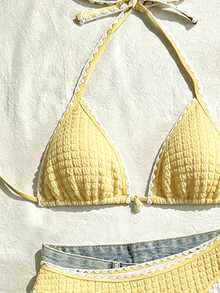 Swim Vcay 女款兩件式泳衣套裝，特殊面料，掛脖綁帶，露背，貝殼設計，夏季度假海灘 - 彩色 - 查看 3