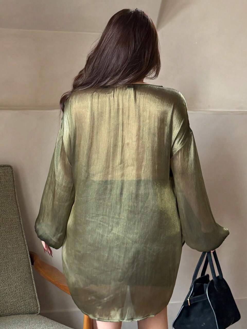 Dazy Plus Plus Size Women's Olive Green Sequin Silk Fabric Elegant Lantern Sleeve Loose Long Sleeve Pullover Blouse Shirt With Round Neck