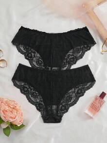 SHEIN Women's 2pcs Charming Black & Red Heart Lace Criss-Cross Mesh Rose Design Series Triangle Panties - Black - View 2