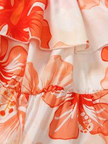 Tween Girl Floral Print Ruffle Hem Camisole Romper - Orange - View 3