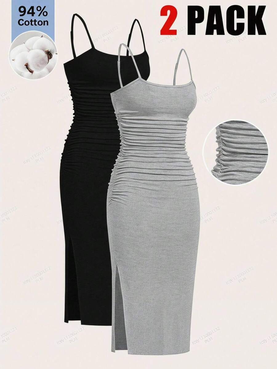 SHEIN EZwear 女款夏季針織基本修身細肩帶洋裝 2件組 夜出日常穿著 黑色灰色 性感休閒 外出穿搭