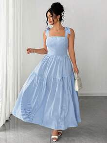Elenzga Plus Size Fashion Women's French Elegant Blue Striped Strapless Spaghetti Strap Dress, Lace-Up Cinched Waist Design Full Skirt Long Dress Suitable For Summer Back To School, Vacation, Graduation, Holiday, Valentine's Day, Christmas, Music Festival, Mother's Day, Halloween, Thanksgiving, Easter, National Day, Prom, Birthday, Date Party, Wedding Season, Outing, Etc. - Multicolor - View 7