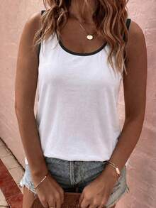 EMERY ROSE CURVE New Plus Size Women's Fashion Casual Versatile Color Block Collar Tank Top - White - View 4
