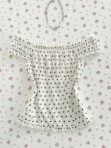 Mori Grove Mori Grove Women's Summer Apricot Polka Dot Off-Shoulder Ruffle Trim Fitted Striped Shirt - Apricot - View 2