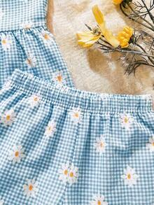 SHEIN 2件組女嬰幼兒/新生兒0-3歲春夏季休閒日常可愛度假條紋蝴蝶結圖案吊帶上衣+短褲套裝 - 淺藍色 - 查看 5