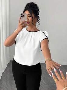 Elenzga Plus Size Women's Patchwork Round Neck Top With Ruffle Short Sleeves And Trim - Black and White - View 4