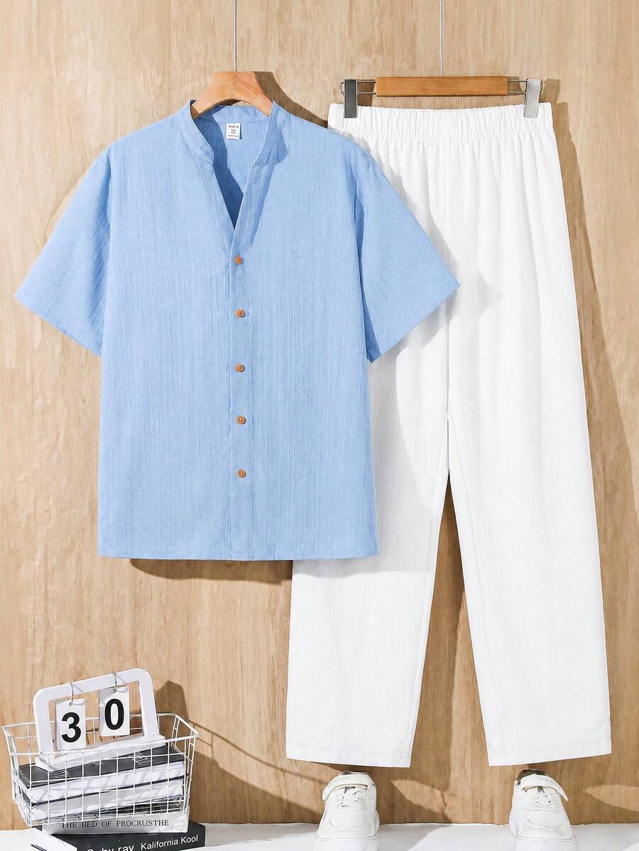 SHEIN 2件組青少年男童寬鬆對比圖案印花POLO領短袖針織上衣套裝,休閒風 - 藍色 - 查看 1