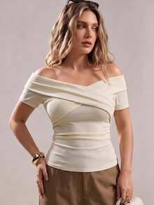 SHEIN Privé Camiseta casual elegante con diseño cruzado para mujer talla grande, primavera/verano - Albaricoque - Ver 5