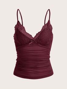 SHEIN PETITE CURVE Plus Size Women Curve Elegant Sexy Lace Patchwork Burgundy Camisole Top Summer Date Night Wedding - Red - View 3