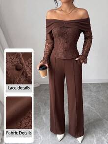 Modelyn French Style Off-Shoulder Square Neck Lace Patchwork Asymmetrical Long Sleeve Cropped Top & Wide Leg Trousers Women's High-End Elegant Slimming Suit Set - Brown - View 3