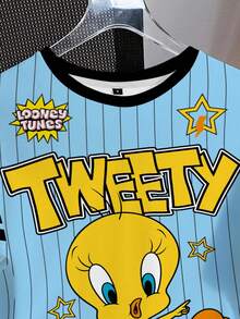 LOONEY TUNES X SHEIN 女士休闲时尚街头运动趣味可爱卡通字母数字条纹印花宽松T恤，夏季 - 白色 - 查看 4