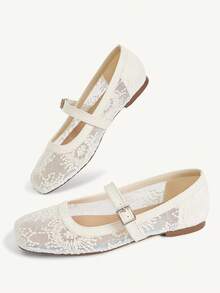CUCCOO CHICEST Spring And Summer New Low Vamp Beige Lace Mesh Yarn With Flat-Soled Shoes, Fashionable And Elegant Commuting Versatile Mary Jane Women's Shoes - Fireworks net beige 2 # - View 6