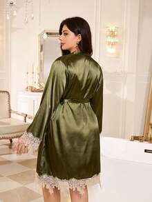 MuseNap CURVE Plus Size Faux Silk & Lace Trim Robe - Dark Green - View 2