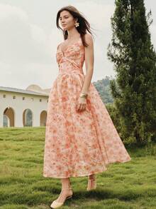 MOTF PREMIUM WOMEN'S FLORAL PRINT FOLD PLEATED MIDI DRESS WEDDING PICNIC VACATION GARDEN PARTY ORANGE RED SUMMER ROMANTIC ELEGANT - Multicolor - View 7