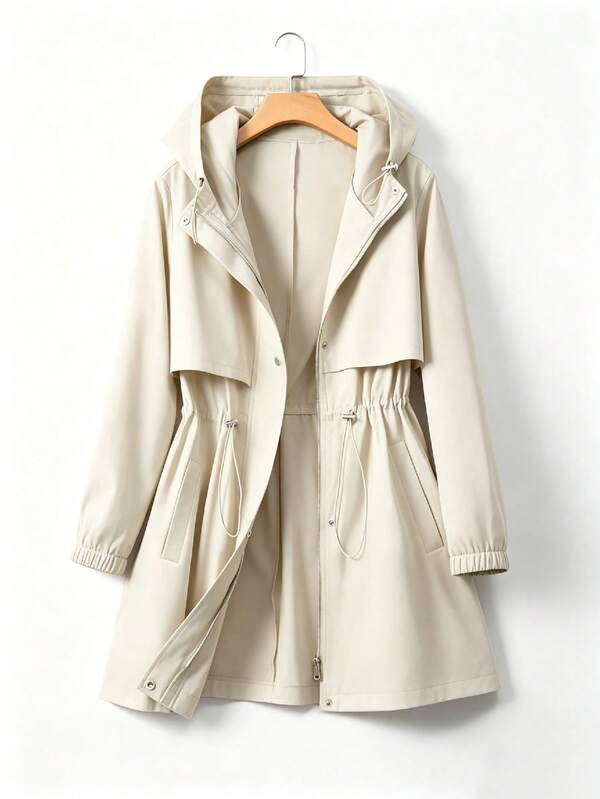 SHEIN LUNE CURVE Plus Size Women's Cinched Waist Hooded Trench Coat Jacket Korean Style Casual Elegant Youthful Loose Premium Summer Women's Clothing Fall