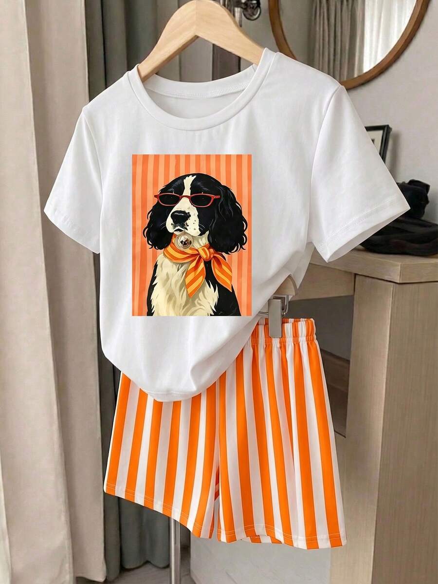 女童休閒舒適時尚眼鏡邊境牧羊犬幼犬印花短袖上衣 + 橘色條紋短褲,適合夏季日常穿著、日常穿搭、度假,舒適放鬆,休閒風格,適合青少年的夏季上衣 - 彩色 - 查看 1