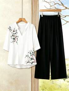 Linhara Plus Size Women's Elegant Intellectual Minimalist Style Ink Floral Print Shirt And Simple Long Pants 2-Piece Set, Suitable For Workplace Commute, Daily Casual Outings, Everyday Wear - Black and White - View 1