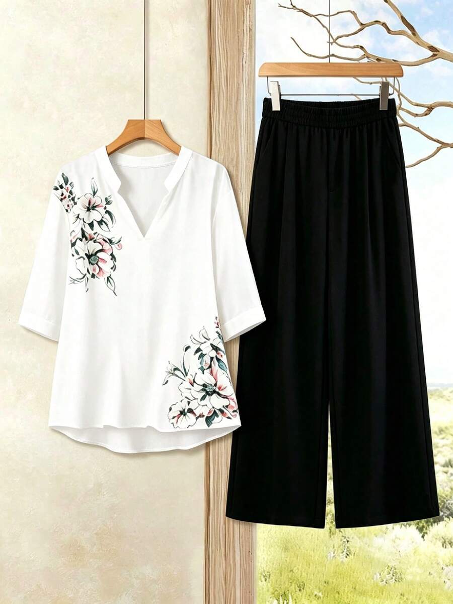 Linhara Plus Size Women's Elegant Intellectual Minimalist Style Ink Floral Print Shirt And Simple Long Pants 2-Piece Set, Suitable For Workplace Commute, Daily Casual Outings, Everyday Wear - Black and White - View 1
