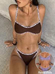 Swim Vcay 女款夏季海灘簡約優雅浪漫休閒度假性感甜美可愛時尚外套比基尼套裝 百搭萬能豹紋雙面印花可翻面多種穿搭選擇 抹胸微比基尼 適用於海灘、度假村、水療、音樂節、蜜月及休閒度假場合 - 彩色 - 查看 3