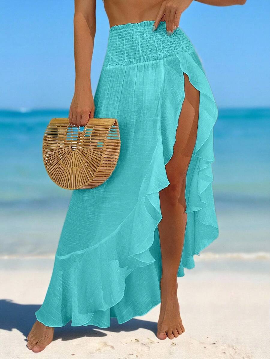 Swim Vcay Springbreak 女款抽褶腰蓮花邊海灘度假長洋裝，輕盈開衩長裙，青綠色夏季熱帶清爽風 - 天藍色 - 查看 1