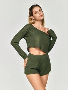 SHAPORA Solid Color Cropped Top And Shorts Casual Outfit Set, Winter Clothes - Dark Green - View 6