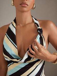 Hauture Women's Striped Asymmetric Hem Draped Neck Ruffle Top - Multicolor - View 4
