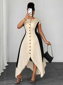 Maweii Spring Summer Autumn Casual Vacation Minimalist Elegant Sophisticated Elegant Fashion Niche Design New Must-Have Daily Essential Daily Outfit Commute Business Black Apricot Waist-Defining Slimming Office High-End Asymmetrical Handkerchief Hem Plus Size Women's Dress - Multicolor - View 5