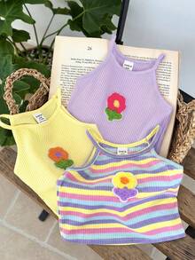 SHEIN LMoss Kids Conjunto de 3 piezas para bebé niña, top de punto color liso con patchwork floral 3D y rayas - Púrpura malva - Ver 3