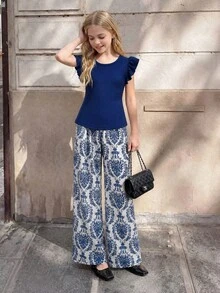 Conjunto para niñas con top de cuello redondo y mangas volantes de textura acanalada suave, combinado con pantalones de pierna ancha con estampado barroco de porcelana azul y blanca, mismo esquema de color para un aspecto de alta gama y armonioso, top corto + pantalones de cintura alta, crea fácilmente una proporción corporal 3:7, tono azul refrescante y brillante - Azul - Ver 4