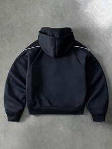 PAVTROS Men's Young Streetwear Striped Colorblock Double Layer Hooded Zip-Up Sweatshirt - Navy Blue - View 2