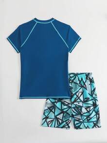 Boys Two Pieces Rash Guard Swimsuits Teen Boy Vacation Short Sleeve Sunsuit Swimwear Sets 12-16Y - Mint Blue - View 2