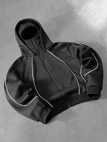 PAVTROS Sweatshirt Hoodie Resleting Dua Lapis Bergaris Warna Blok Gaya Streetwear Pria Muda - Dark Grey - View 6