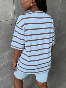 Slaydiva Women's Striped Round Neck Short Sleeve T-Shirt And Shorts Casual Two Pieces Set - Multicolor - View 2